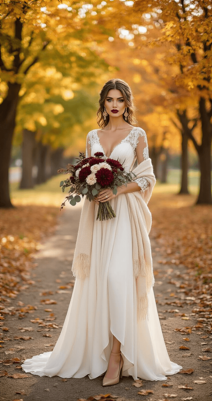 A bride poses confidently in a flowing ivory A-line gown with delicate lace sleeves, surrounded by vibrant fall foliage in reds and yellows. She has bold burgundy lips, smokey bronze eye makeup, vintage gold drop earrings, and a soft cream cashmere wrap. Holding a bouquet of burgundy dahlias and eucalyptus, the scene is captured in warm mid-afternoon golden light, highlighting the cozy autumn atmosphere.