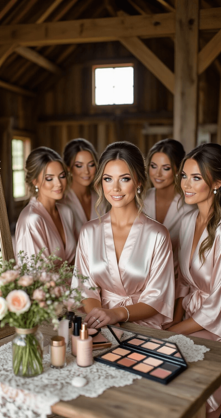 A bride and her bridesmaids in matching blush pink silk robes prepare for the wedding at a rustic barn, sitting around a vintage vanity with warm morning light. The bride's makeup features rose tones, and delicate pearl accessories, amidst a cozy setting of wood beams and wildflowers, with makeup products displayed on a lace table runner.