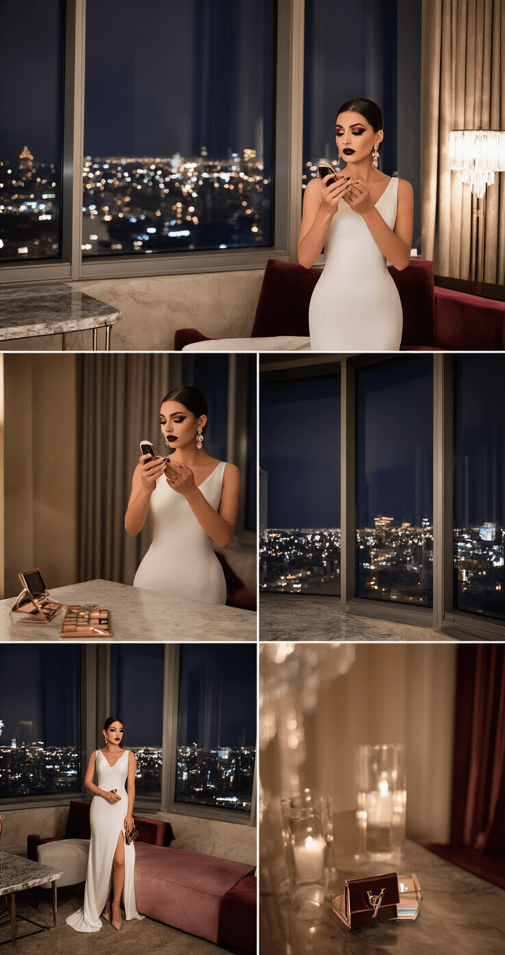 A bride in a modern wedding gown applies makeup in an elegant hotel suite, with city lights twinkling outside. She has a sleek low chignon, bold burgundy lips, and chandelier earrings, surrounded by luxurious decor and dramatic lighting.