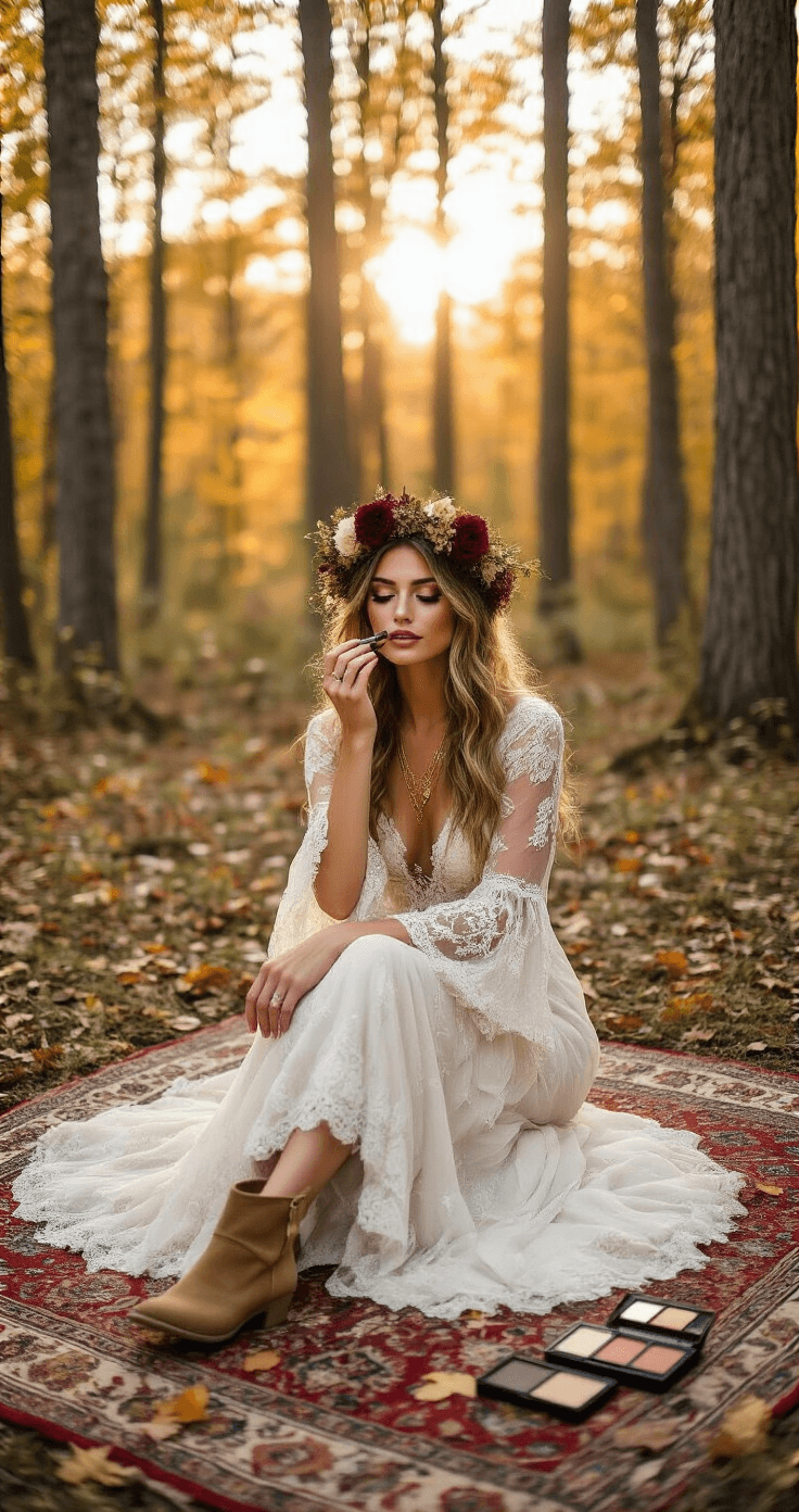 A free-spirited bride in a bohemian lace wedding dress sits on a vintage Persian rug in a forest clearing, applying earthy-toned makeup with soft natural light highlighting vibrant fall foliage around her.
