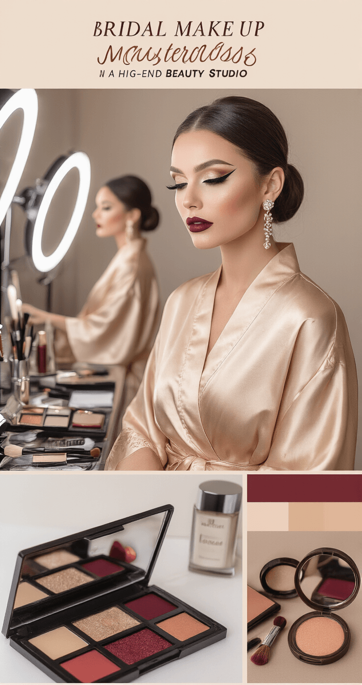 Glamorous bridal makeup masterclass showcasing a bride in a champagne silk kimono robe applying bold fall makeup, featuring dramatic winged eyeliner and deep wine lipstick, in a high-end beauty studio with professional lighting and modern makeup stations.
