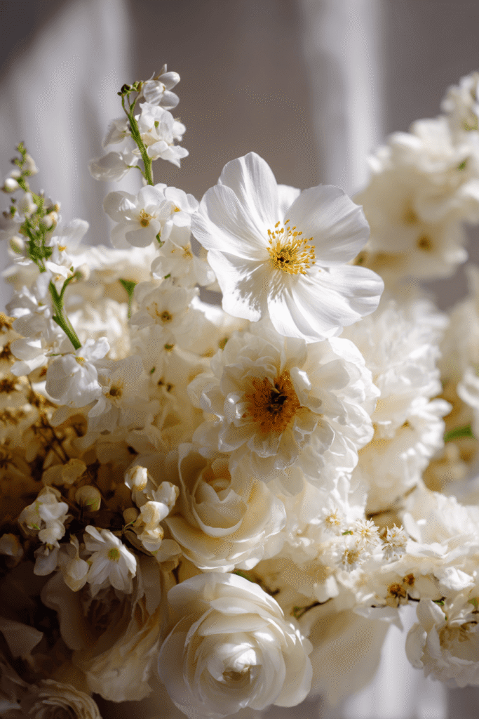 White flower bouquet with fresh blooms in modern style arrangement, displayed in elegant presentation for home decor inspiration