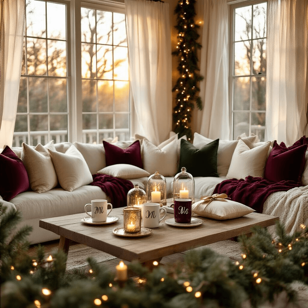 A warm and inviting Christmas gift exchange scene in a cozy living room, featuring golden hour sunlight filtering through sheer white curtains, cream silk cushions, personalized monogram mugs on marble cake stands, and rich burgundy and forest green textiles accented with gold. Twinkling fairy lights, fresh pine and eucalyptus garlands, and vintage brass candlesticks with flickering ivory candles enhance the intimate atmosphere.
