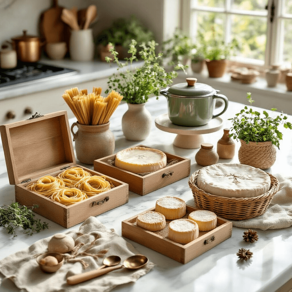 Overhead flat lay of an elegant kitchen-themed gift display on polished marble countertops, featuring pasta-making sets, artisanal brie bakers, and ice cream maker accessories, arranged with fresh herbs, linen tea towels, and vintage utensils in warm terracotta, sage green, and cream tones.