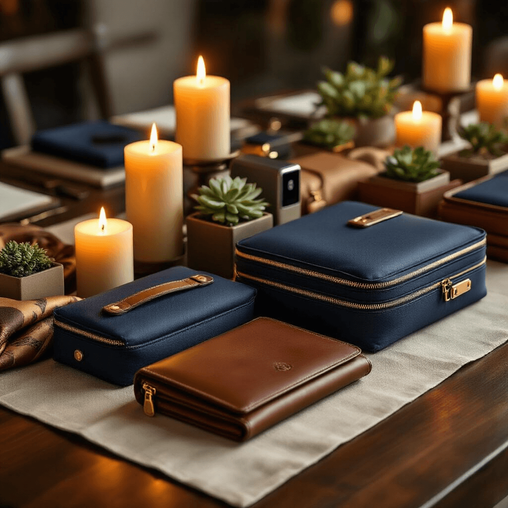 Close-up detail of a luxurious travel-themed gift arrangement featuring leather travel wallets, organized packing cubes, and portable electronics on a walnut dining table, illuminated by soft amber candlelight, with silk scarves, vintage maps, and succulents enhancing the elegant setup.