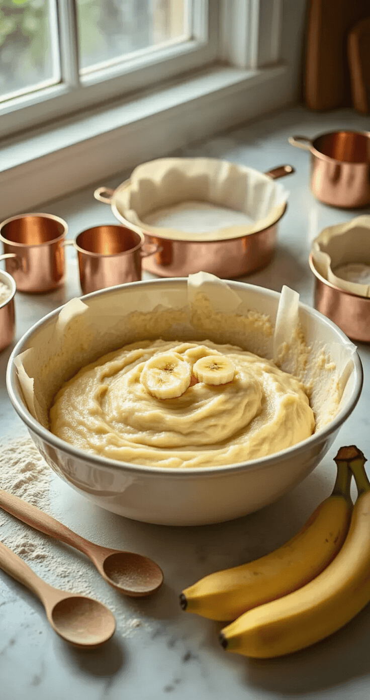 A mixing bowl filled with banana batter surrounded by vintage measuring cups, wooden spoons, and greased cake pans, with ripe bananas and soft natural light creating a warm, inviting baking scene.