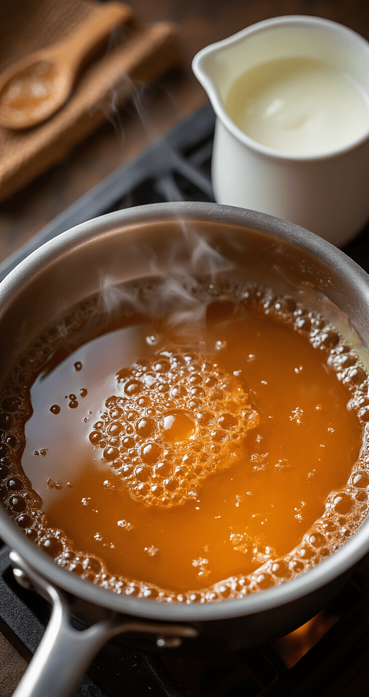 Close-up of a stainless steel saucepan over medium heat containing bubbling amber liquid transforming into rich caramel, with steam rising, a pitcher of cold cream nearby, and glistening condensation on the metal surface.