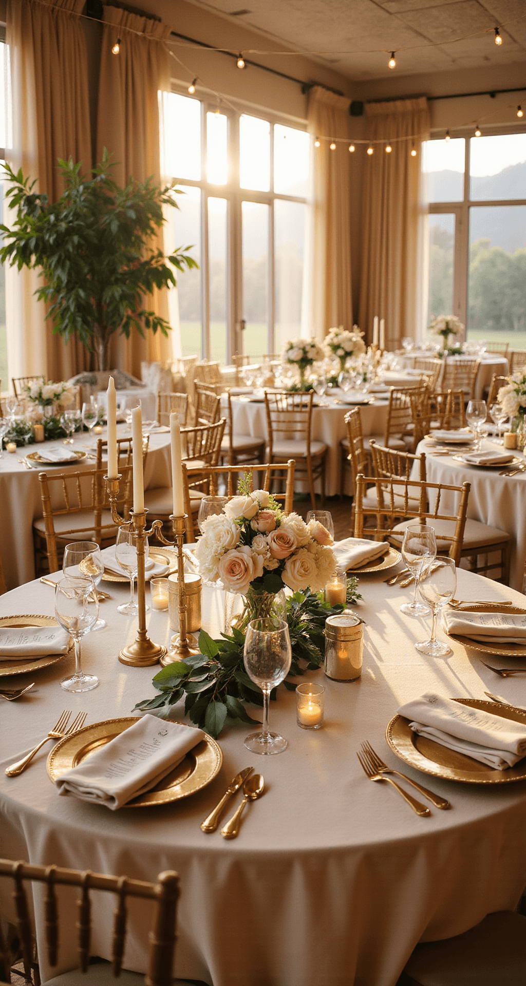 A wide-angle view of an elegant ballroom wedding reception at golden hour, featuring round tables with cream silk linens, eucalyptus garlands, gold candelabras with candles, and soft blush floral arrangements, all under romantic string lights.