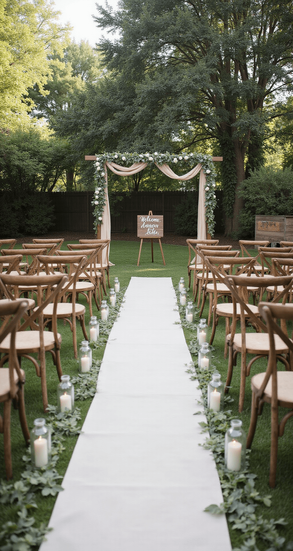 Intimate garden ceremony setup with a minimalist eucalyptus arch and champagne silk ribbons, rustic wooden chairs on grass, white linen aisle runners with glass lanterns, white garden roses, and a wooden sign with calligraphy, surrounded by mature trees and morning dew.