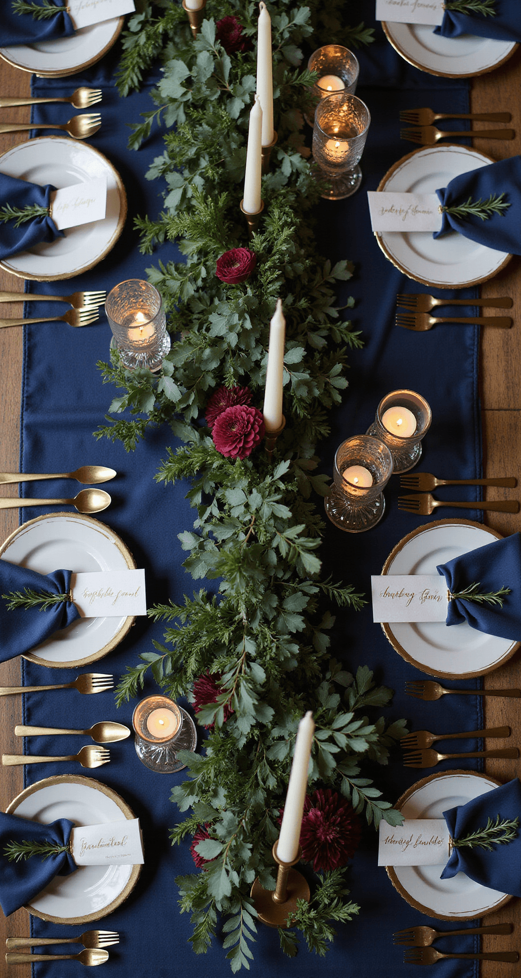 An elegant tablescape featuring navy blue silk linens, gold-rimmed white china, and brass flatware, adorned with a lush eucalyptus and olive garland, brass candlesticks with ivory taper candles, deep burgundy dahlias, emerald greenery, hand-lettered place cards, and mercury glass votives, all set in rich, moody lighting.