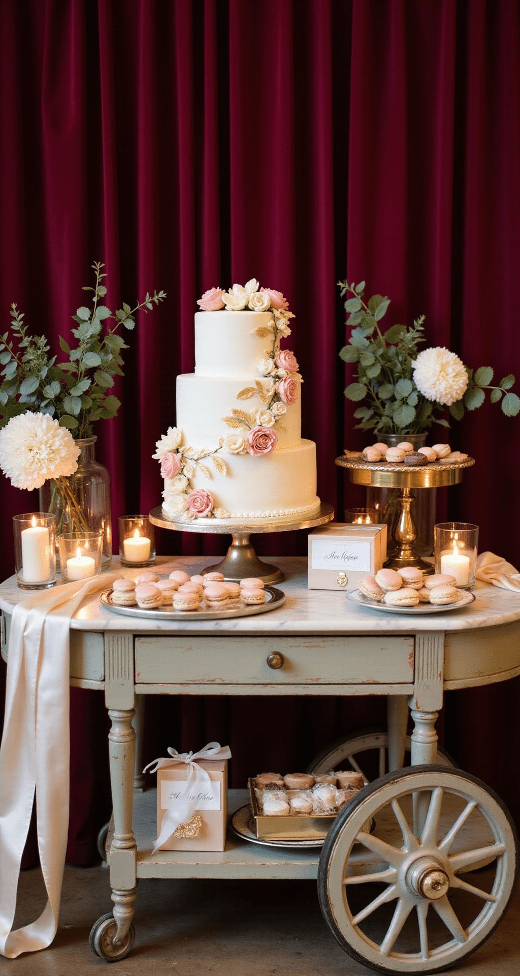Close-up of an elegant dessert display featuring a three-tier white wedding cake with sugar flowers and gold leaf, surrounded by blush and cream French macarons, petit fours, and chocolate truffles on brass stands, all illuminated by soft candlelight and adorned with fresh peonies, eucalyptus, and silk ribbons against a burgundy velvet backdrop.