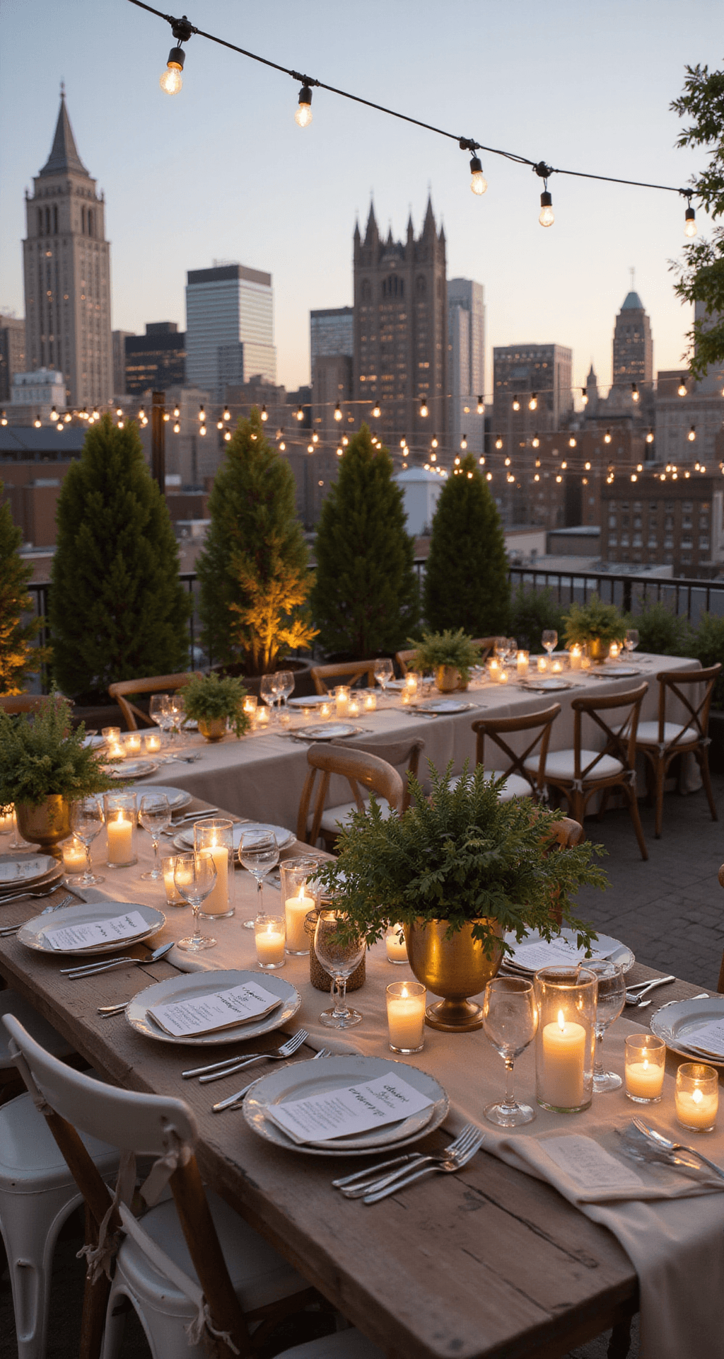 A rooftop terrace wedding reception at twilight featuring long farm tables with natural linen runners, surrounded by vintage chairs, suspended Edison bulb string lights, tall centerpieces of wild greenery in brass vessels, and scattered pillar candles, all set against a city skyline under a warm glow.