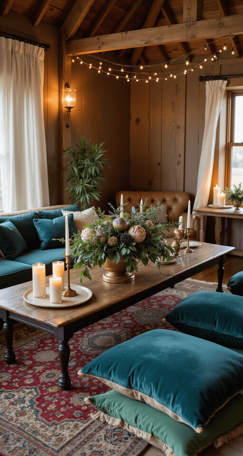 Intimate lounge area in a rustic barn, featuring vintage Persian rugs, velvet floor cushions in jewel tones, a reclaimed wood coffee table with brass vessels and candle clusters, sheer ivory curtains, and fairy lights for ambient lighting, all exuding luxurious bohemian elegance.