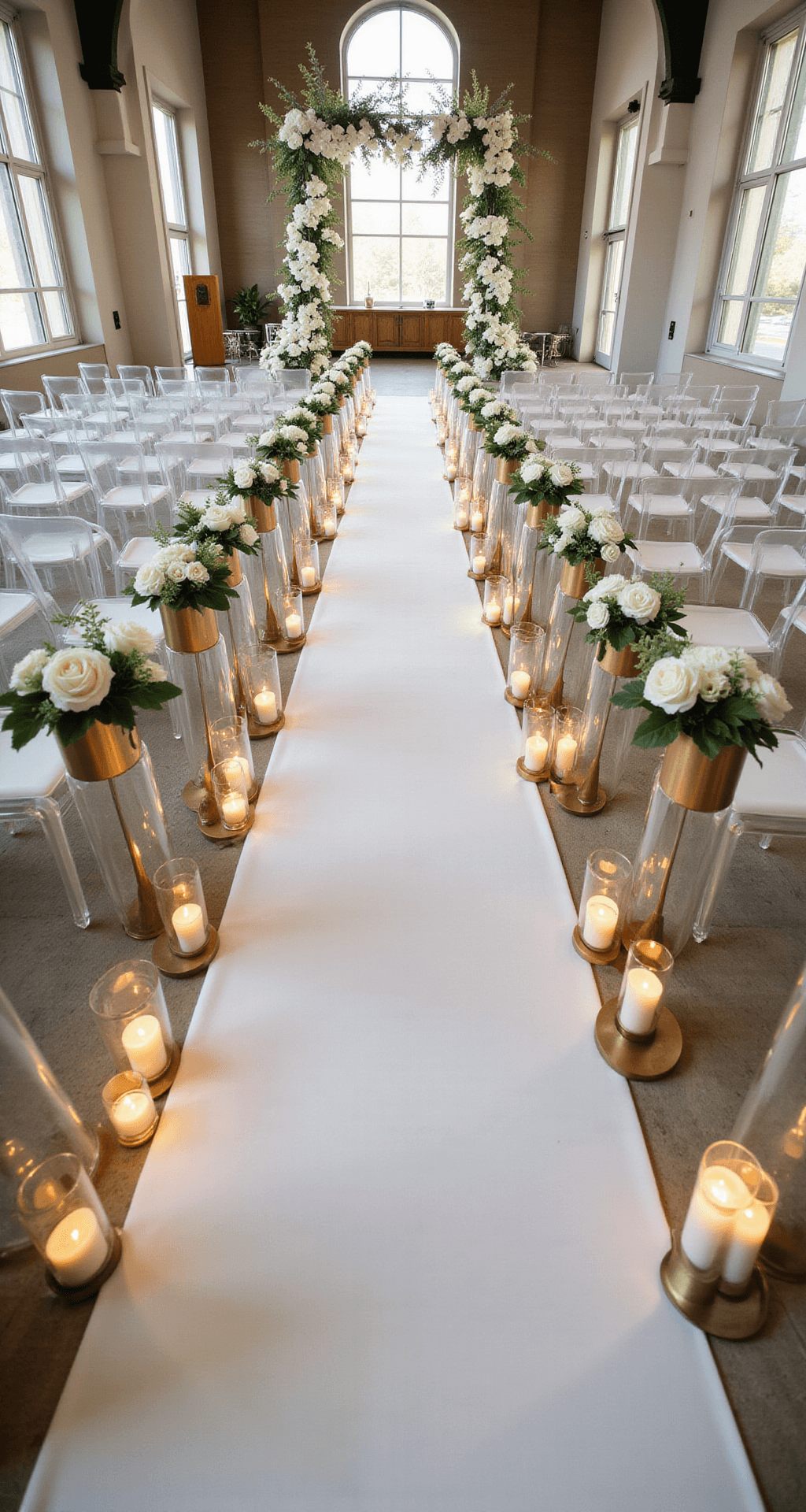 Elegant ceremony aisle in a modern chapel with a white runner, brass pedestals holding white floral arrangements, ghost chairs, white pillar candles in glass cylinders, and a geometric arch adorned with orchids, all under soft uplighting and filtered sunlight.