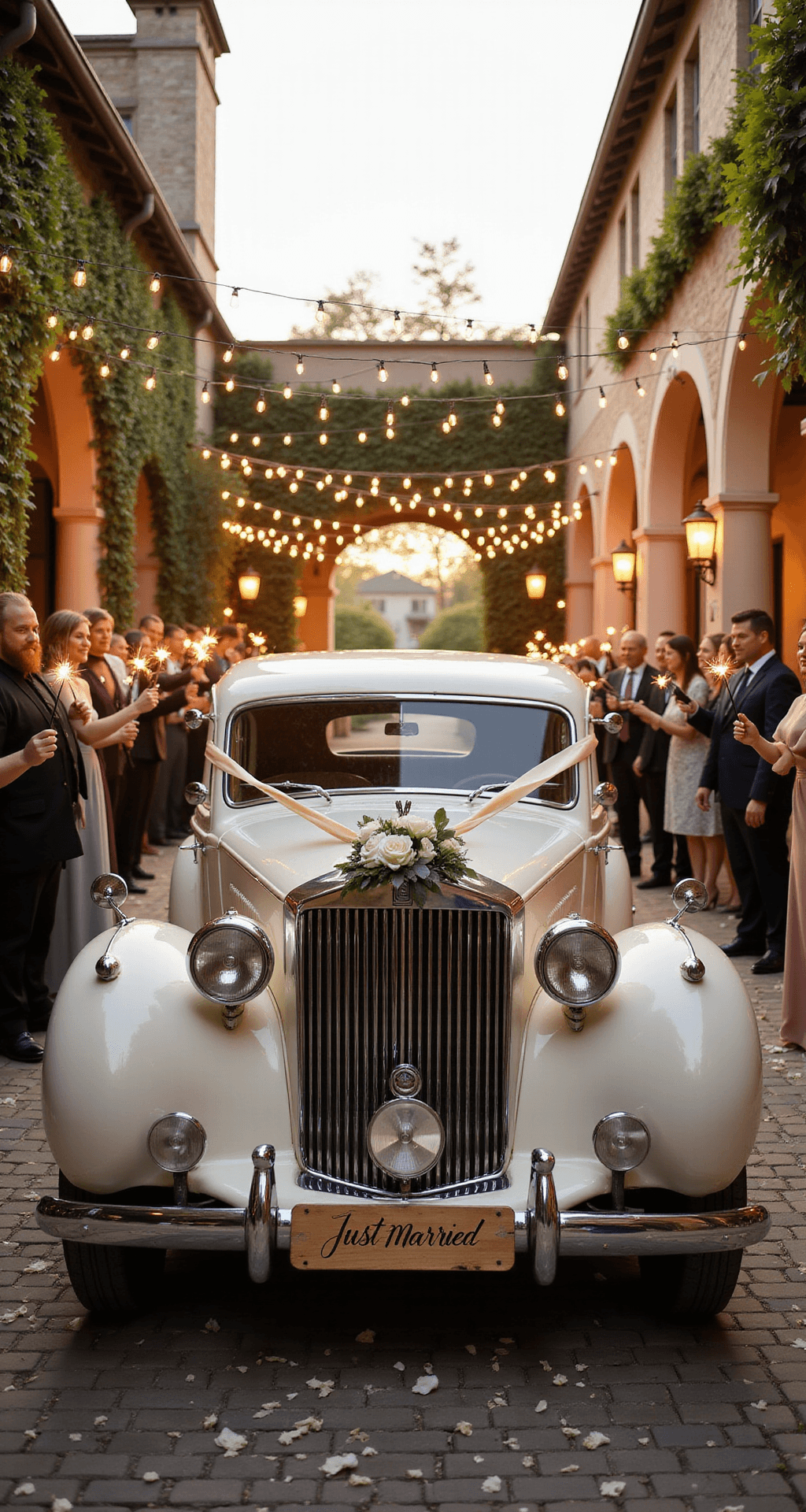A vintage 1960s ivory Rolls-Royce adorned with a white eucalyptus and rose wreath, set in an elegant outdoor courtyard at golden hour, surrounded by wedding guests holding sparklers, with stone archways and scattered white rose petals creating a romantic atmosphere.