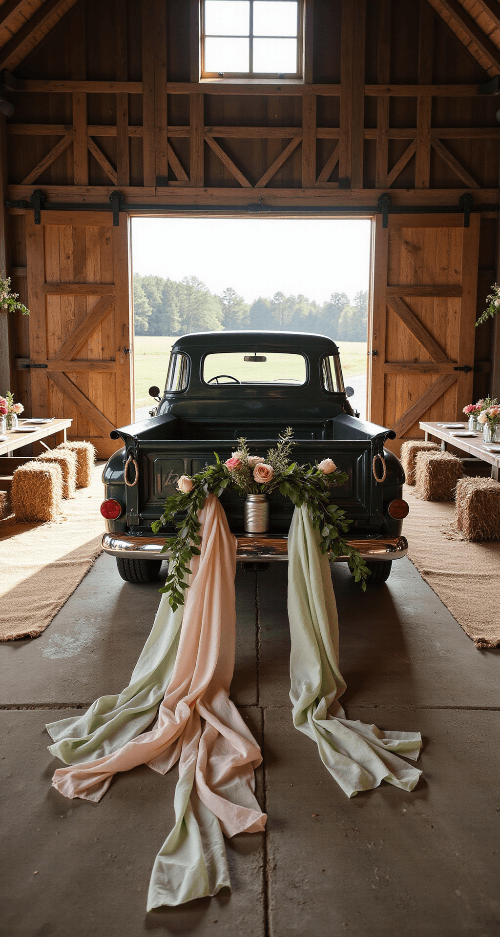 An overhead flat lay shot of a rustic barn venue in soft morning light, featuring a bohemian-style classic pickup truck adorned with blush pink and sage green crepe paper streamers, vintage tin cans, and wildflower garlands. Wooden barn doors and hay bales provide seating, with mason jar centerpieces filled with wildflowers on burlap-covered picnic tables, illuminated by dramatic sunlight filtering through the barn windows.