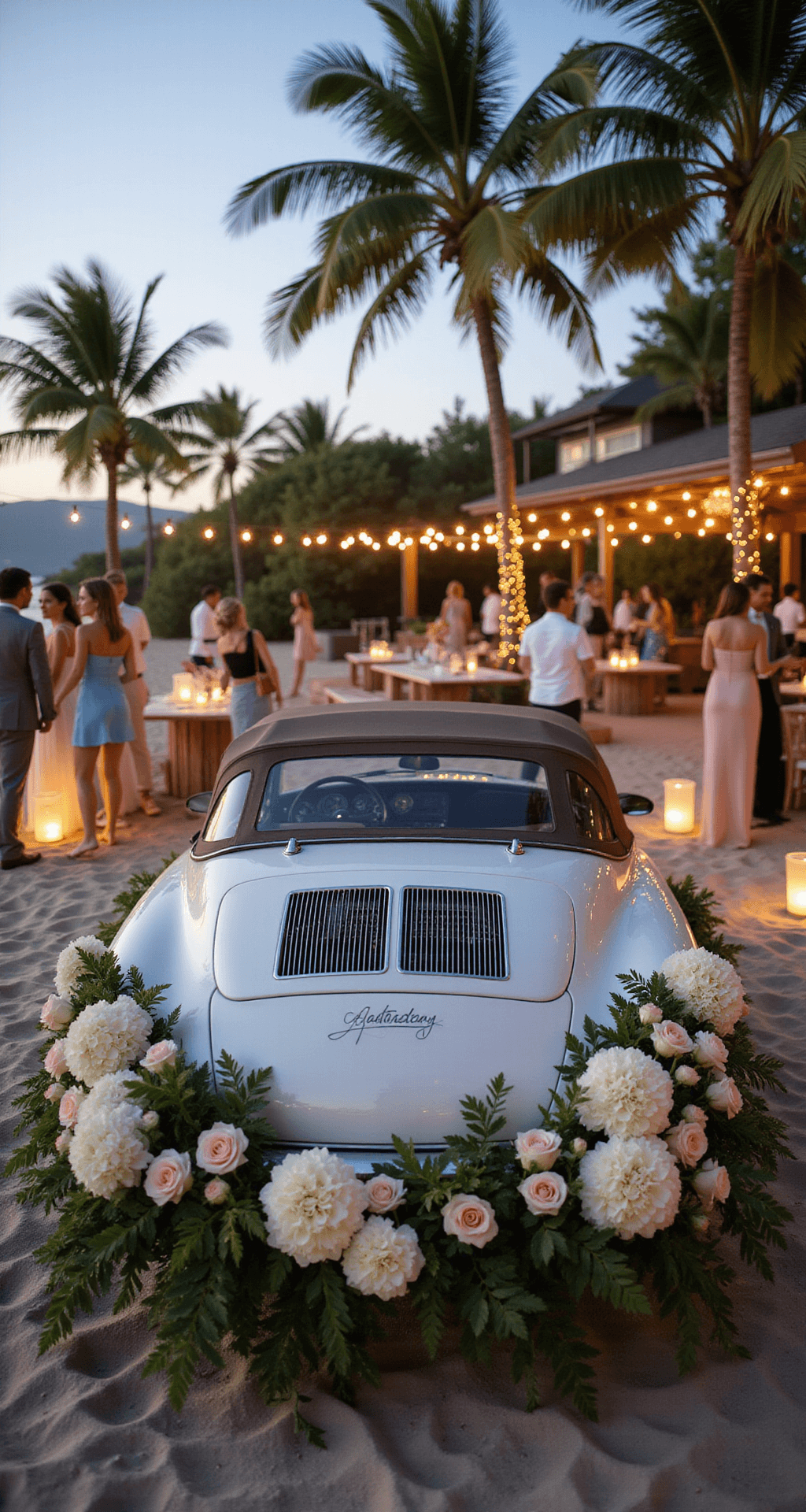 A sleek white convertible decorated with floral arrangements and custom decals sits at a beachfront venue illuminated by fairy lights, with palm trees in the background and guests mingling in summer attire.