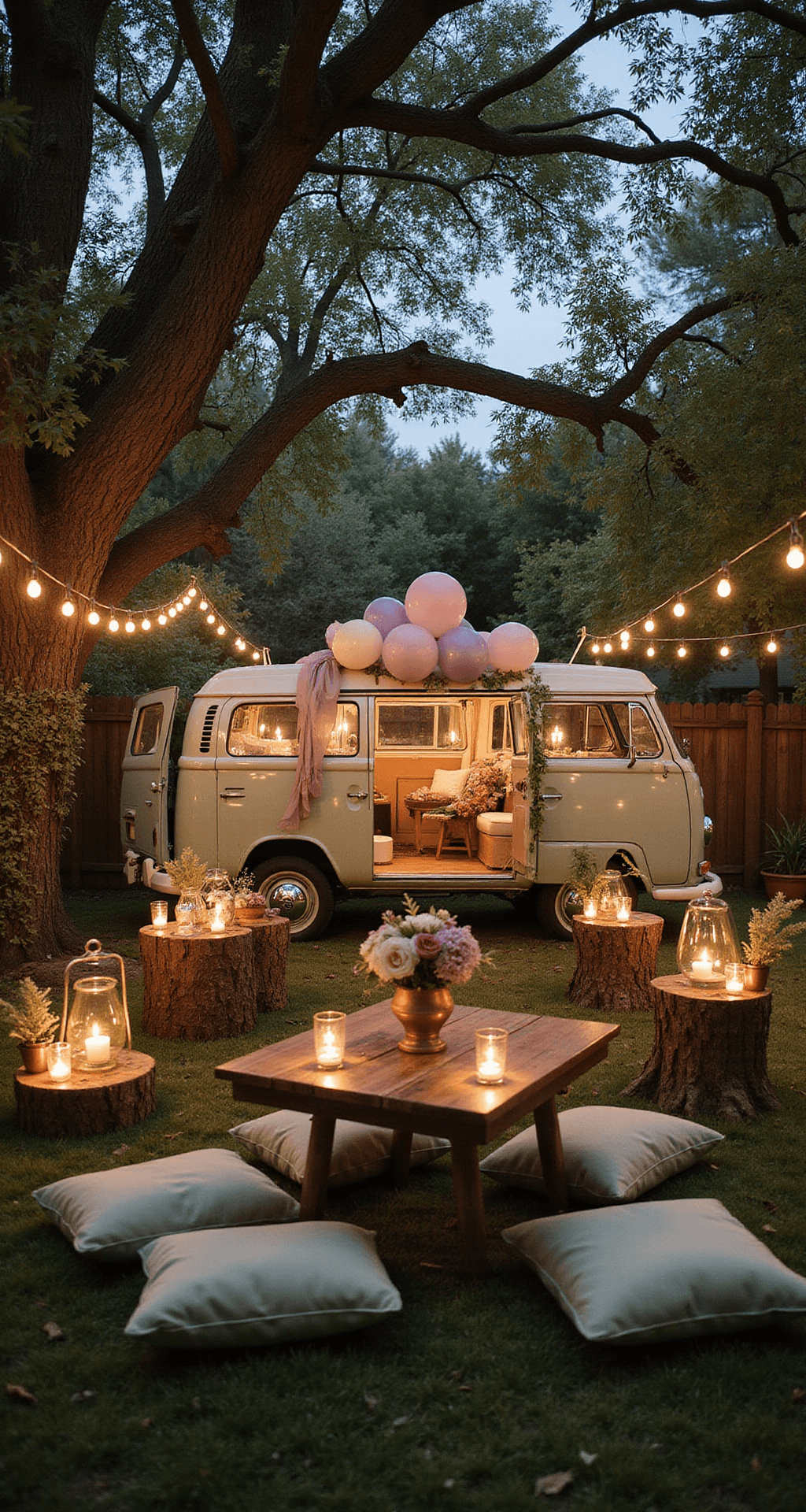 A cozy backyard garden venue illuminated by candlelight, featuring a whimsical vintage Volkswagen van adorned with pastel balloons and macrame details, surrounded by low wooden tables and sage green velvet cushions, with string lights overhead and fresh floral arrangements creating an enchanted atmosphere.