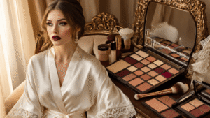 Fall Wedding Makeup That'll Actually Last Through Your Big Day Luxurious bridal makeup scene featuring burgundy lipstick, rose gold eyeshadow palette, and champagne highlighter on an elegant vintage vanity, with an ivory silk robe draped over a velvet chair, illuminated by warm golden hour light and soft focus fall foliage in the background.