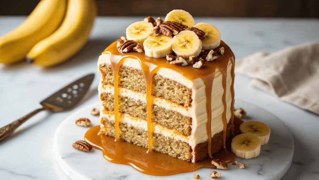 Cinematic overhead view of a two-layer banana caramel cake on a marble surface, featuring a caramel drip, swirled cream cheese frosting, chopped pecans, and bananas, enhanced by warm golden hour lighting and a cozy kitchen setting.