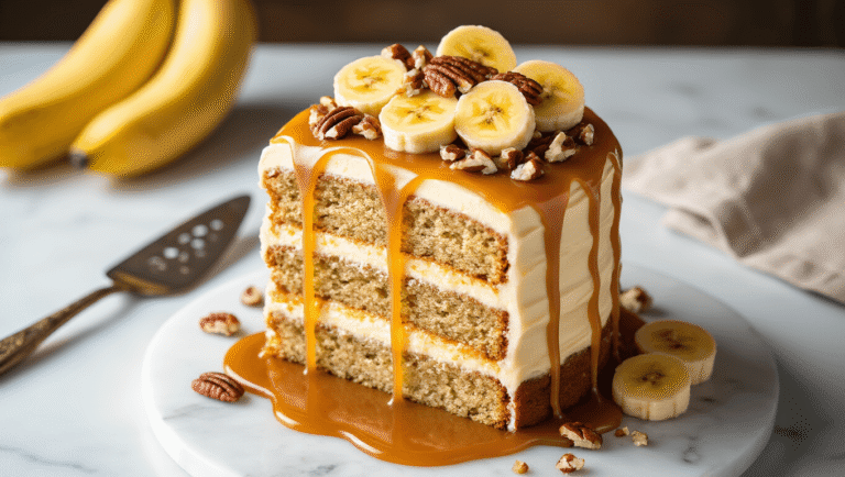 Cinematic overhead view of a two-layer banana caramel cake on a marble surface, featuring a caramel drip, swirled cream cheese frosting, chopped pecans, and bananas, enhanced by warm golden hour lighting and a cozy kitchen setting.