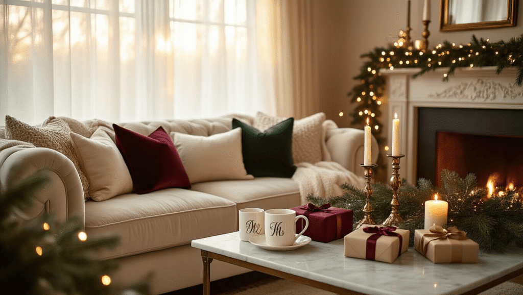 Warm and inviting Christmas gift exchange scene in a cozy living room, featuring golden hour sunlight, plush velvet sofa with silk cushions, personalized mugs on marble cake stands, festive textiles, twinkling fairy lights, fresh garlands, and elegantly wrapped gifts, all bathed in a soft amber glow.
