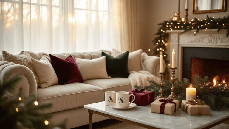Warm and inviting Christmas gift exchange scene in a cozy living room, featuring golden hour sunlight, plush velvet sofa with silk cushions, personalized mugs on marble cake stands, festive textiles, twinkling fairy lights, fresh garlands, and elegantly wrapped gifts, all bathed in a soft amber glow.