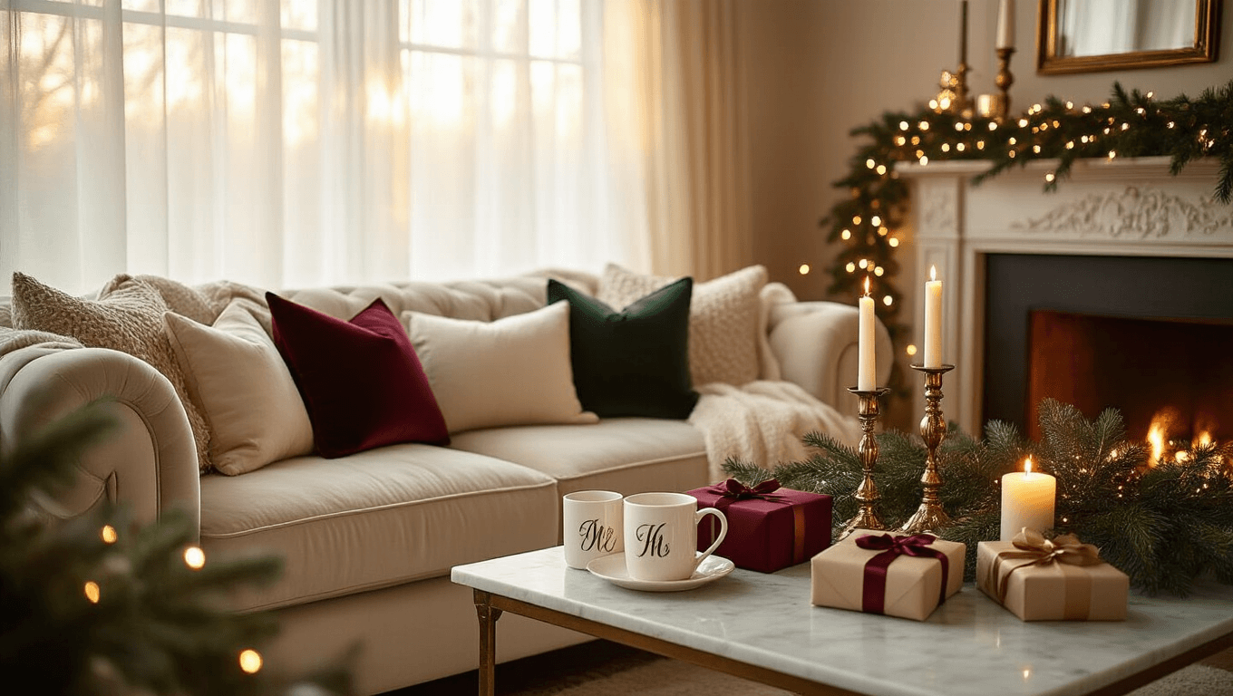 Warm and inviting Christmas gift exchange scene in a cozy living room, featuring golden hour sunlight, plush velvet sofa with silk cushions, personalized mugs on marble cake stands, festive textiles, twinkling fairy lights, fresh garlands, and elegantly wrapped gifts, all bathed in a soft amber glow.