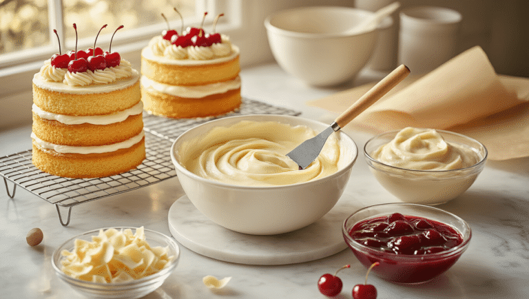 Cinematic overhead shot of elegant white forest cake assembly with golden vanilla layers, white chocolate ganache, cherry filling, and fresh cherries, all on a marble countertop illuminated by warm golden hour lighting.